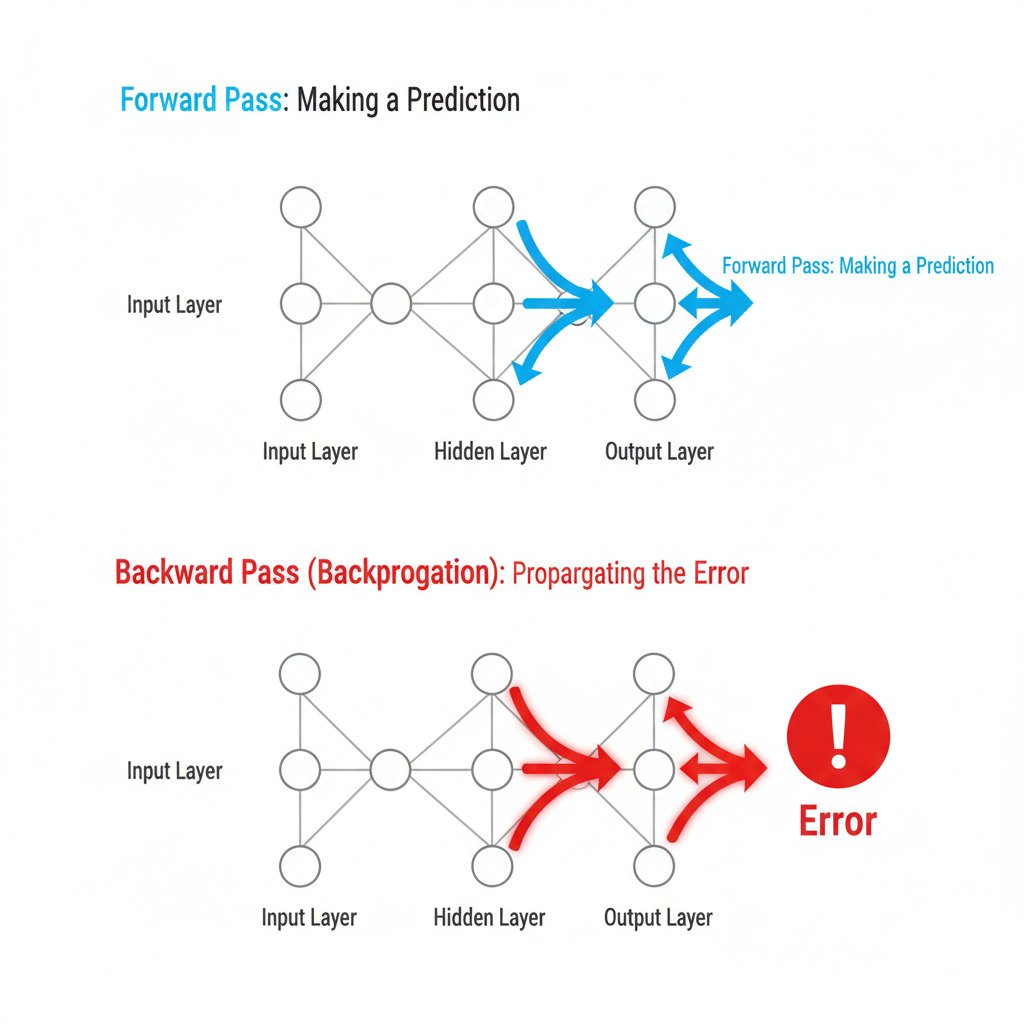 A conceptual, two-part infographic diagram illustrating the Forward and Backward passes in a neural network. Top Half ('Forward Pass'): Show a simple, three-layer neural network (Input, Hidden, Output). Draw a series of blue arrows flowing from left to right, from the Input layer, through the Hidden layer, to the Output layer. Label this flow 'Forward Pass: Making a Prediction'. Bottom Half ('Backward Pass'): Show the same neural network. At the far right (by the Output layer), place a large, red 'Error' icon. Draw a series of thick, glowing red arrows flowing from right to left, starting at the 'Error' icon and moving backward from the Output layer, through the Hidden layer, to the Input layer. Label this flow 'Backward Pass (Backpropagation): Propagating the Error'. The overall style should be modern, minimalist, and educational