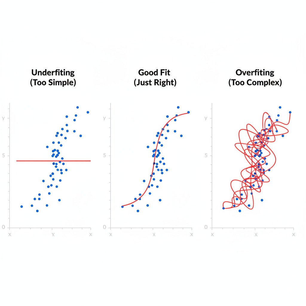A clean, three-panel infographic diagram explaining Underfitting, Overfitting, and a Good Fit. All three panels should show the same set of blue data points on a 2D scatter plot, which have a clear, simple, curvy (non-linear) trend. Left Panel ('Underfitting'): Draw a straight, simple red line that clearly fails to capture the curvy trend of the data points. Label this panel 'Underfitting (Too Simple)'. Middle Panel ('Good Fit / Generalization'): Draw a smooth, red curve that passes nicely through the general trend of the data points, but does not hit every single point perfectly. Label this panel 'Good Fit (Just Right)'. Right Panel ('Overfitting'): Draw a wild, complex, and "wiggly" red curve that contorts itself to pass through every single data point perfectly. Label this panel 'Overfitting (Too Complex)'. The overall style is modern, minimalist, and educational, with clear labels.
