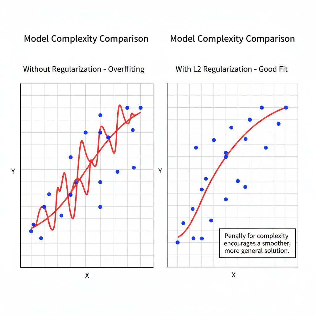 A clean, two-panel infographic diagram comparing a model with and without L2 Regularization. Both panels should show the same set of blue data points on a 2D scatter plot, which have a clear, simple, curvy trend but with some noisy outliers. Left Panel ('Without Regularization - Overfitting'): Draw a wild, complex, and 'wiggly' red curve that contorts itself to pass through every single data point perfectly, including the noisy outliers. Right Panel ('With L2 Regularization - Good Fit'): Draw a much smoother, simpler red curve that captures the general trend of the data points but ignores the noisy outliers. A text box in this panel could say 'Penalty for complexity encourages a smoother, more general solution.' The overall style is modern, minimalist, and educational.