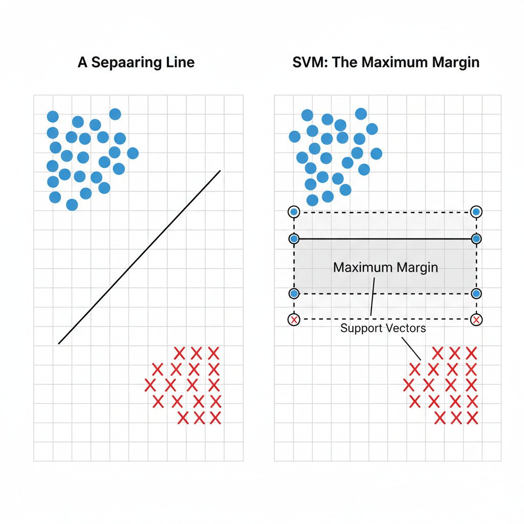 A clean, two-panel infographic diagram comparing a simple separating line with a Support Vector Machine (SVM) margin. Left Panel ('A Separating Line'): Show a 2D scatter plot with two classes of data points (e.g., blue circles and red 'X's) that are linearly separable. Draw a single, thin black line that separates them, but is very close to one of the classes. Right Panel ('SVM: The Maximum Margin'): Show the exact same scatter plot of data points. • Draw a thick, central decision boundary line in the middle of the space between the classes. • Draw two parallel, dashed lines on either side of the central line, touching the closest data points of each class. • The space between these two dashed lines should be shaded and labeled 'Maximum Margin'. • Circle the few data points that are touching the dashed margin lines and label them 'Support Vectors'. The overall style is modern, minimalist, and educational.
