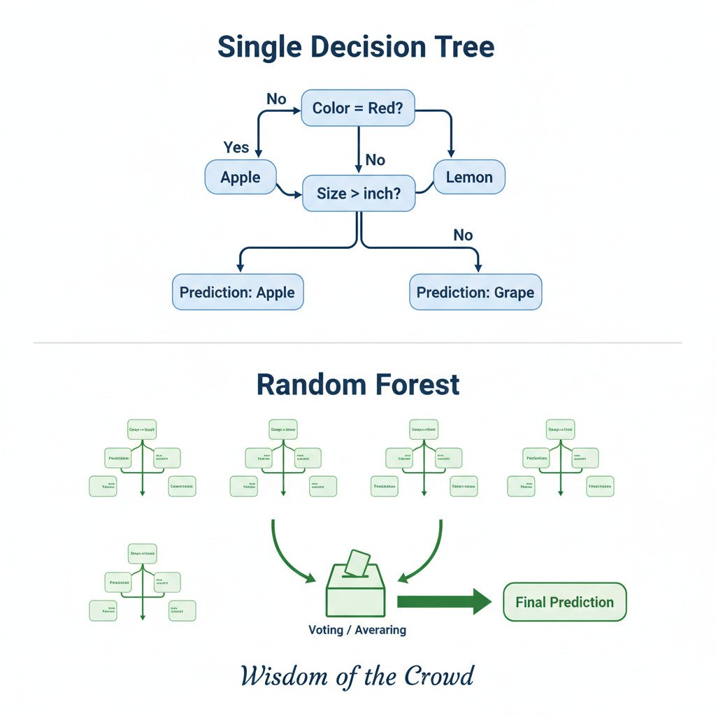 A clean, two-part infographic diagram explaining Decision Trees and Random Forests. Top Half ('Single Decision Tree'): Show a simple, flowchart-like tree structure. • Start with a 'Root Node' at the top with a question like 'Color == Red?'. • Two branches, 'Yes' and 'No', lead down. • The 'Yes' branch ends in a 'Leaf Node' labeled 'Prediction: Apple'. • The 'No' branch leads to an 'Internal Node' with another question like 'Size > 1 inch?'. • This node has its own 'Yes'/'No' branches leading to final leaf nodes for 'Lemon' and 'Grape'. Bottom Half ('Random Forest'): Show a collection of several (e.g., 5-6) smaller, slightly different-looking decision trees, representing the 'forest'. Arrows point from these trees to a central 'Voting' or 'Averaging' icon (like a ballot box). A final arrow points from the voting box to a single 'Final Prediction'. Add a label: 'Wisdom of the Crowd'. The overall style should be modern, minimalist, and educational.