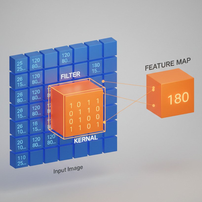 A clean, educational 3D infographic showing a Convolutional Neural Network operation. On the left, show a large grid of numbers representing an 'Input Image'. In the middle, show a small 3x3 glowing square labeled 'Filter' or 'Kernel' hovering over a section of the Input Image. Show thin lines connecting the 4 corners of the 3x3 filter to a single cell in a new grid on the right. On the right, show a smaller grid labeled 'Feature Map'. The single cell being pointed to should be glowing, representing the result of the convolution calculation. Use a modern tech aesthetic with a neutral background. Use blue for the image and orange for the filter and feature map to show contrast.
