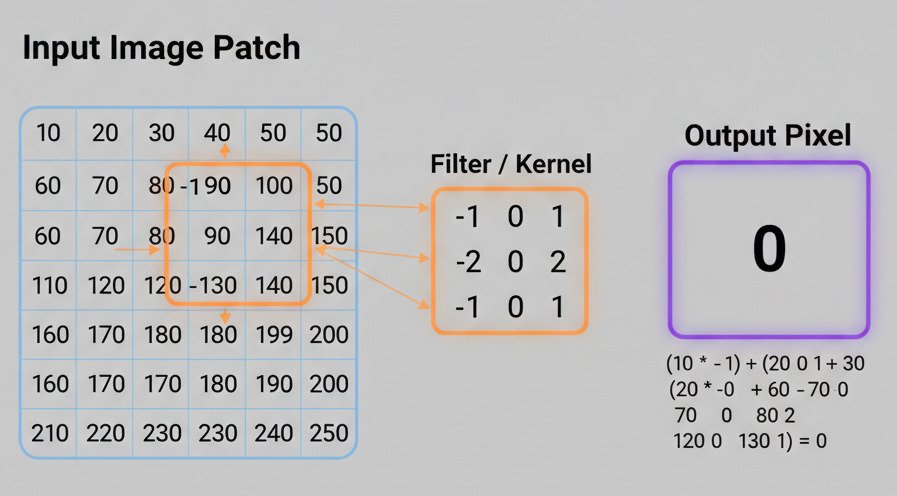 A clean, educational diagram illustrating the mathematical operation of a 2D convolution. On the left, show a large 5x5 grid of numbers labeled 'Input Image Patch'. In the middle, show a 3x3 grid of numbers labeled 'Filter / Kernel' hovering over the top-left 3x3 section of the Input Image Patch. Use arrows or highlights to show the one-to-one correspondence for element-wise multiplication between the filter and the patch. On the right, show a single, large, glowing square labeled 'Output Pixel' containing the final summed-up number. Use smaller text to show the calculation, for example: (n1*w1) + (n2*w2) + ... = Result. The overall style should be modern, minimalist, and diagrammatic, with clear labels and a simple color palette to distinguish the image, filter, and output. Widescreen aspect ratio."