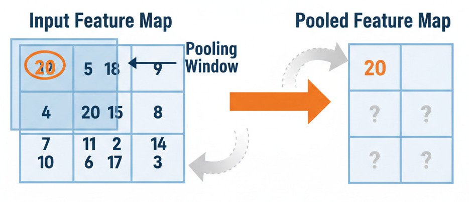 "A clean, educational infographic diagram explaining the Max Pooling operation. On the left, show a 4x4 grid of numbers labeled 'Input Feature Map'. The numbers should be varied. In the middle, show a 2x2 'Pooling Window' highlighting the top-left 2x2 section of the Input Feature Map. The maximum number within this highlighted window should be a different color or circled. On the right, show a smaller 2x2 grid labeled 'Pooled Feature Map'. An arrow should point from the highlighted maximum value in the input grid to the top-left cell of this new, smaller grid, which now contains that maximum value. Use arrows to suggest the sliding motion of the pooling window to the next 2x2 block. The overall style is modern, minimalist, and diagrammatic, with clear labels and a simple color palette. Widescreen aspect ratio."