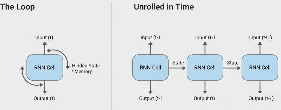 "A clean, two-part infographic diagram explaining a Recurrent Neural Network (RNN). Left Panel ('The Loop'): Show a single, simple neuron or a small block labeled 'RNN Cell'. An arrow labeled 'Input (t)' points into the top of the cell. An arrow labeled 'Output (t)' points out of the bottom. Crucially, draw a third arrow that loops from the side of the cell back into itself, labeled 'Hidden State / Memory'. Right Panel ('Unrolled in Time'): Show the same RNN cell concept, but 'unrolled' horizontally across three time steps. • Show three identical 'RNN Cell' blocks arranged in a line. • The first cell takes 'Input (t-1)' and produces 'Output (t-1)'. An arrow labeled 'State' points from the first cell to the second. • The second cell takes 'Input (t)' and the 'State' arrow from the first cell, and produces 'Output (t)'. An arrow labeled 'State' points from the second cell to the third. • The third cell takes 'Input (t+1)' and the 'State' arrow from the second cell, and produces 'Output (t+1)'. The overall style is modern, minimalist, and educational. Widescreen aspect ratio."