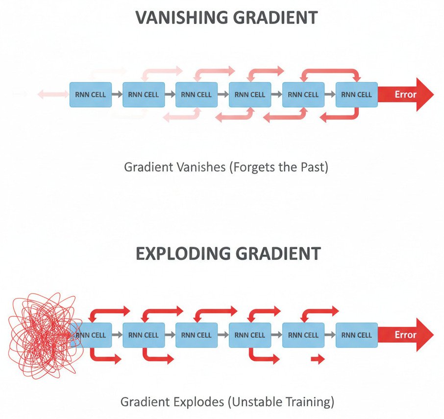 "A clean, two-panel infographic diagram explaining the Vanishing and Exploding Gradient problem in an unrolled RNN. Top Panel ('Vanishing Gradient'): Show a series of 5-6 'RNN Cell' blocks connected by arrows, representing an unrolled sequence. Start with a large, red 'Error' arrow on the far right. As arrows point backwards from cell to cell (right to left), they should become progressively smaller and fainter, until the final arrow on the far left is almost invisible. Label this: 'Gradient Vanishes (Forgets the Past)'. Bottom Panel ('Exploding Gradient'): Show the same series of RNN cells. Start with a normal-sized red 'Error' arrow on the far right. As arrows point backwards from cell to cell, they should become progressively larger and more intense, until the final arrow on the far left is huge and chaotic. Label this: 'Gradient Explodes (Unstable Training)'. The overall style should be modern, minimalist, and educational. Widescreen aspect ratio."