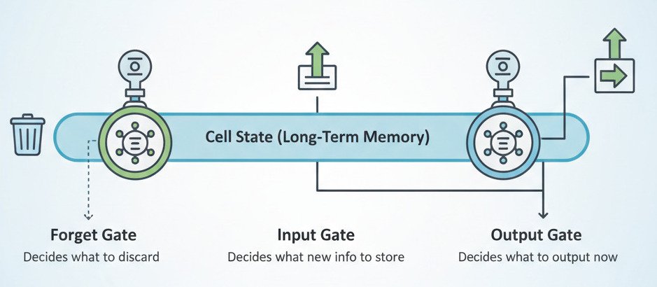 "A simplified, conceptual infographic diagram of an LSTM cell, focusing on the 'gates'. In the center, show a main horizontal line or 'conveyor belt' labeled 'Cell State (Long-Term Memory)' flowing from left to right. Show three 'gates' as regulators on this line. Each gate can be represented as a small neural network icon (a circle with a sigma σ inside) with a valve or faucet icon. • The first gate, on the left, should have a 'trash can' icon next to it and be labeled 'Forget Gate' with text 'Decides what to discard'. • The second gate, in the middle, should have an 'input arrow' icon next to it and be labeled 'Input Gate' with text 'Decides what new info to store'. • The third gate, on the right, should have an 'output arrow' icon and be labeled 'Output Gate' with text 'Decides what to output now'. The style should be modern, minimalist, and highly conceptual, not a technically precise architectural diagram. Widescreen aspect ratio."