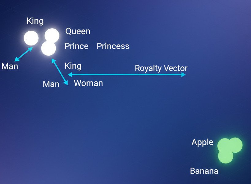 "A clean, conceptual infographic diagram illustrating word embeddings and semantic relationships. Show an abstract 2D or 3D 'meaning space'. In one area of the space, place points labeled 'King', 'Queen', 'Prince', and 'Princess' clustered together. Draw an arrow from 'Man' to 'King' and a parallel arrow of the same length and direction from 'Woman' to 'Queen'. Label this relationship 'Royalty Vector'. In another, distant area of the space, place points labeled 'Apple', 'Orange', and 'Banana' clustered together. The overall style should be modern, minimalist, and educational. Use glowing points and vector arrows to show the relationships. Widescreen aspect ratio."