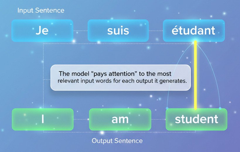 "A clean, conceptual infographic diagram explaining the Attention mechanism in machine translation. In the top row, show the input sentence as a series of boxes: 'Je', 'suis', 'étudiant'. In the bottom row, show the output sentence being generated: 'I', 'am', 'student'. Use a series of glowing, semi-transparent lines to represent the 'attention weights' connecting the output words to the input words. • When generating the word 'student', draw a very thick, bright line connecting it back to the input word 'étudiant'. • Draw much thinner, fainter lines connecting 'student' back to 'Je' and 'suis'. Add a text box that says: 'The model "pays attention" to the most relevant input words for each output it generates.' The overall style should be modern, minimalist, and educational. Widescreen aspect ratio."