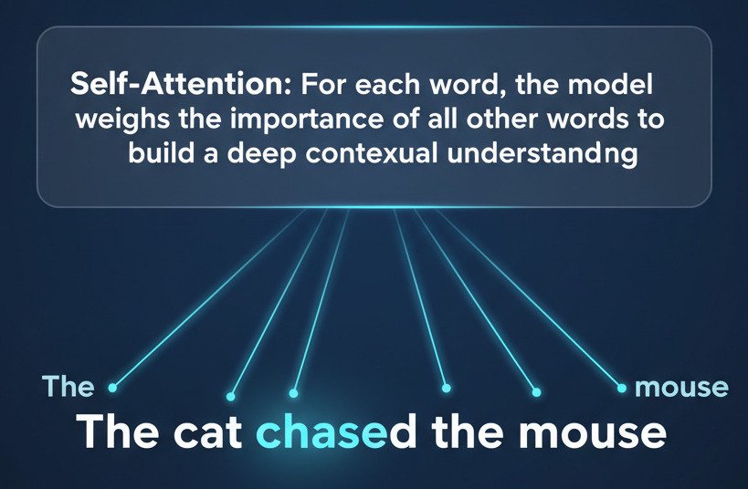 "A clean, conceptual infographic diagram explaining the 'Self-Attention' mechanism in a Transformer. Show a simple sentence at the bottom of the image, for example: 'The cat chased the mouse'. Above the sentence, focus on the word 'chased'. From the word 'chased', draw a series of glowing, semi-transparent attention lines pointing to every other word in the sentence ('The', 'cat', 'the', 'mouse'). The attention lines pointing to 'cat' and 'mouse' should be thicker and brighter than the lines pointing to the two instances of 'the'. Add a text box that says: 'Self-Attention: For each word, the model weighs the importance of all other words to build a deep contextual understanding.' The overall style should be modern, minimalist, and educational. Widescreen aspect ratio."