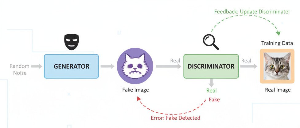 "A clean, conceptual infographic diagram explaining a Generative Adversarial Network (GAN). Create a cyclical flowchart with two main components: 1. The Generator (Forger): On the left, show a box or icon labeled 'Generator'. An arrow labeled 'Random Noise' points into it. An arrow points out of it to an icon representing a 'Fake Image' (e.g., a poorly drawn or glitchy cat). Label this Generator with a 'Forger's Mask' icon. 2. The Discriminator (Detective): On the right, show a box or icon labeled 'Discriminator'. Two arrows point into it: one from the 'Fake Image' and another from a 'Real Image' (a clear photo of a cat) coming from a 'Training Data' icon. The Discriminator outputs a 'Real' or 'Fake' label. Label this Discriminator with a 'Detective's Magnifying Glass' icon. Use arrows to show the feedback loop: a 'red error arrow' goes back to the Generator when its fake is caught, and a 'green feedback arrow' updates the Discriminator. The overall style should be modern, minimalist, and educational. Widescreen aspect ratio."