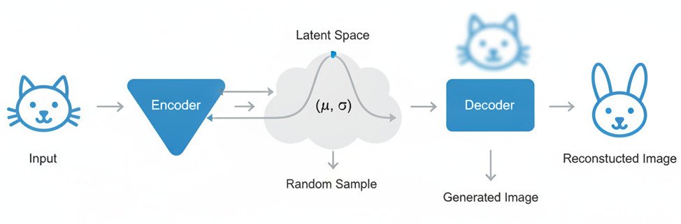 A clean, educational infographic diagram of a Variational Autoencoder (VAE) architecture. Create a flowchart that flows from left to right: 1. On the left ('Input'): Show a clear, simple icon of an object, like a cat. 2. An arrow points to a funnel-shaped block labeled 'Encoder'. 3. The Encoder outputs to a central, smaller area labeled 'Latent Space'. This space should be depicted as a 'cloud' of points or a smooth 2D Gaussian distribution curve, representing the probabilistic nature. Label it (μ, σ). 4. An arrow points from the Latent Space to a reverse-funnel-shaped block labeled 'Decoder'. 5. On the right ('Output'): The Decoder outputs an image that is a reconstruction of the original cat, labeled 'Reconstructed Image'. To show the generative part, add a separate, smaller arrow labeled 'Random Sample' pointing only into the Decoder, which then points to a new, different-looking cat image labeled 'Generated Image'. The style is modern, minimalist, and diagrammatic. Widescreen aspect ratio.