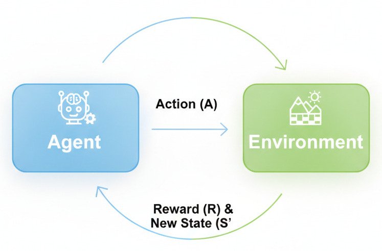 "A clean, conceptual infographic diagram of the Reinforcement Learning loop. Create a cyclical flowchart with two main components: 1. 'Agent' Box: On the left, show an icon of a robot or a brain labeled 'Agent'. An arrow labeled 'Action (A)' points from the Agent to the right. 2. 'Environment' Box: On the right, show an icon representing the world, like a simple landscape or a chessboard, labeled 'Environment'. An arrow labeled 'Reward (R) & New State (S')' points from the Environment back to the Agent, completing the loop. The style should be modern, minimalist, and educational, clearly showing the cyclical interaction between the Agent and the Environment. Widescreen aspect ratio."