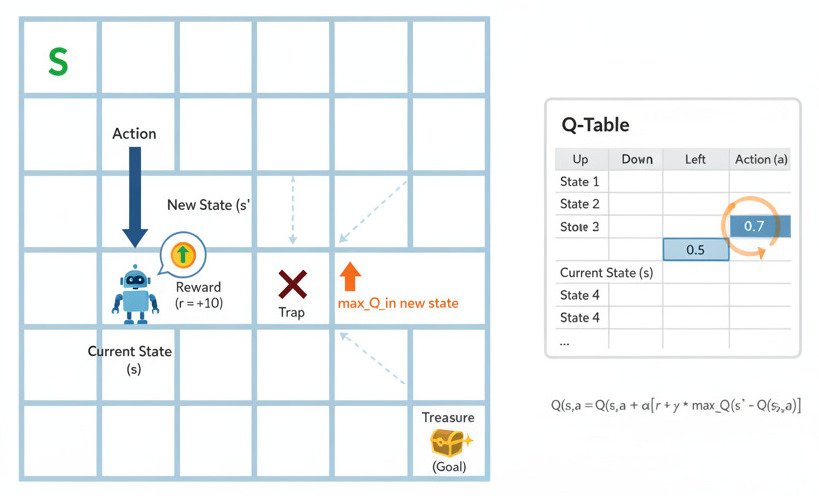 "A clean, conceptual infographic illustrating the Q-Learning update process in a simple maze. In the center, show a small, simple grid maze with a start point, an end 'Treasure' point, and maybe a 'Trap' point. Show a character or robot icon ('Agent') in one square of the maze, representing the 'Current State (s)'. An arrow labeled 'Action (a)' shows the agent moving to an adjacent square, the 'New State (s')'. A pop-up icon next to the agent shows the 'Reward (r)' it received for that move (e.g., a small coin or a thumbs-down). From the 'New State (s')', show several faint, potential future path arrows, with the best one highlighted, representing 'max_Q_in_new_state'. On the side, show a simplified 'Q-Table' being updated. Highlight the row for 'Current State (s)' and the column for 'Action (a)', and show its value being updated with a 'rewriting' animation or arrow. The style is modern, minimalist, and diagrammatic. Widescreen aspect ratio."