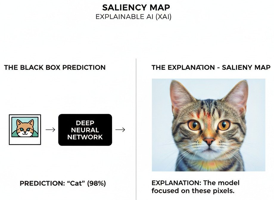 "A clean, two-panel infographic diagram explaining the concept of a Saliency Map in Explainable AI (XAI). Left Panel ('The Black Box Prediction'): Show a simple icon of a photograph of a cat. An arrow points from it to a black box icon labeled 'Deep Neural Network'. An arrow points out of the black box to a simple text label that says 'Prediction: "Cat" (98%)'. Right Panel ('The Explanation - Saliency Map'): Show the same photograph of the cat, but this time, overlay a colorful heat map on top of it. The heat map should be 'hot' (red/orange/yellow) over the most important features of the cat, such as its eyes, ears, and whiskers. The background should be 'cold' (blue/transparent). Add a label: 'Explanation: The model focused on these pixels.' The overall style should be modern, minimalist, and educational. Widescreen aspect ratio."