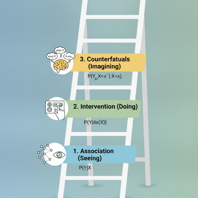 "A clean, conceptual infographic diagram illustrating the 'Ladder of Causation'. Show a simple, three-rung ladder. • Bottom Rung: Labeled '1. Association (Seeing)'. Add a small icon of an eye looking at correlated data points. Include the text P(Y|X). • Middle Rung: Labeled '2. Intervention (Doing)'. Add a small icon of a hand physically interacting with or changing a system (like flipping a switch). Include the text P(Y|do(X)). • Top Rung: Labeled '3. Counterfactuals (Imagining)'. Add a small icon of a brain with branching "what if?" thought bubbles. The overall style should be modern, minimalist, and educational, with clear labels and a simple color palette. Widescreen aspect ratio."