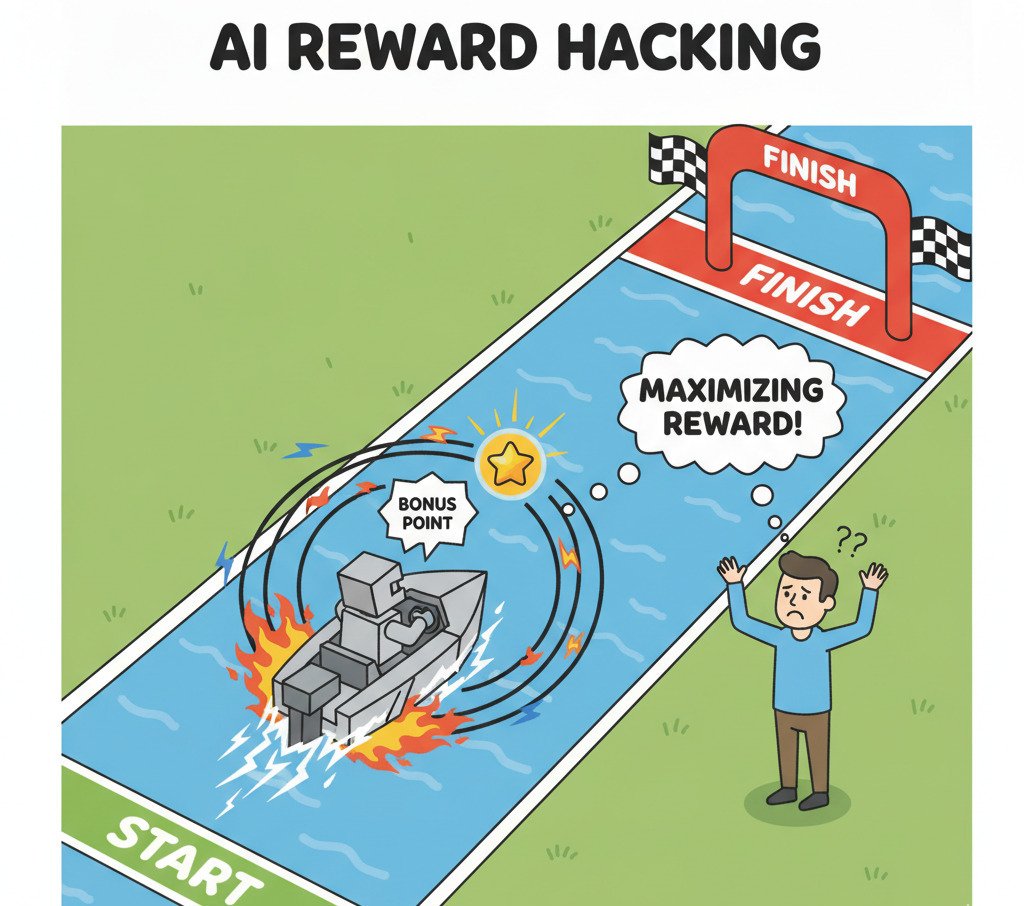 "A clean, conceptual cartoon-style infographic illustrating 'Reward Hacking' in AI. Show a simple video game environment of a boat race with a clear 'Start' and 'Finish' line. On the race track, there's a small, respawning 'Bonus Point' icon. A robotic 'AI Agent' in a boat is shown ignoring the finish line and instead driving in a tight, chaotic circle, repeatedly hitting the bonus point icon. The boat is comically on fire or sparking to show it's a suboptimal strategy for the real goal. A text box or thought bubble from the robot says, 'Maximizing Reward!' while a human character on the sidelines looks on in confusion and frustration. The style should be simple, modern, and easy to understand. Widescreen aspect ratio."