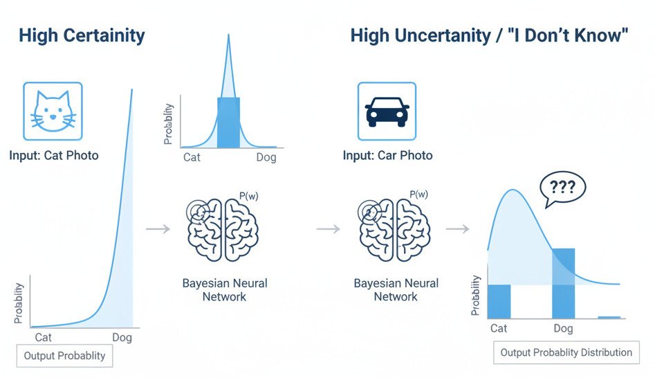 "A clean, two-panel infographic diagram explaining Uncertainty Quantification in a Bayesian Neural Network (BNN). Left Panel ('Certainty on Familiar Data'): Show an icon of a 'cat' photo as input. This points to a BNN icon (a brain with probability curves P(w) inside). The BNN then outputs to a graph showing a very tall, narrow probability distribution, sharply peaked over the 'Cat' label. Label this panel 'High Certainty'. Right Panel ('Uncertainty on Unfamiliar Data'): Show an icon of a 'car' photo as input. This points to the same BNN icon. The BNN then outputs to a graph showing a short, wide, and flat probability distribution spread out over both 'Cat' and 'Dog' labels, indicating confusion. Label this panel 'High Uncertainty / "I Don't Know"'.