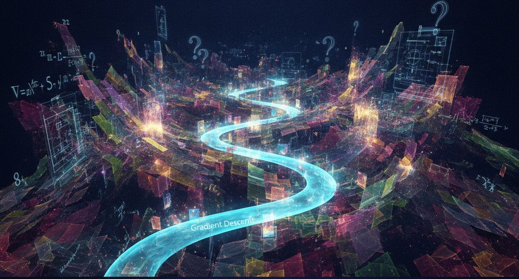 "A conceptual and abstract digital art piece representing the mystery of deep learning's success. In the foreground, show a simple, elegant mathematical path or a glowing line (representing Gradient Descent) successfully navigating through an impossibly complex, chaotic, high-dimensional landscape. The landscape itself should be abstract and beautiful, depicted as a shimmering, multi-layered, geometric nebula or a fractal structure with countless dimensions hinted at. In the background, subtly integrate mathematical symbols, question marks, and unfinished blueprints to represent the open theoretical questions. The mood should be one of wonder, mystery, and scientific exploration. Use a dark background with vibrant, glowing colors for the path and the landscape. Widescreen aspect ratio."