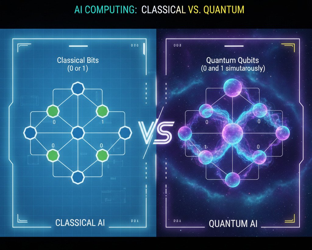 "A futuristic and conceptual infographic contrasting classical and quantum computing for AI. Left Side ('Classical AI'): Show a standard neural network diagram made of simple, solid nodes (representing bits) connected by lines. The background should be a clean, standard digital grid. Label this 'Classical Bits (0 or 1)'. Right Side ('Quantum AI'): Show a similar network structure, but the nodes should be glowing, shimmering, ethereal spheres (representing qubits in superposition). The connections between them should be depicted as entangled, glowing energy waves. The background should be an abstract, quantum-foam or cosmic nebula style. Label this 'Quantum Qubits (0 and 1 simultaneously)'. A central dividing line or a "versus" icon should separate the two concepts. The overall style should be futuristic, high-tech, and visually striking. Widescreen aspect ratio."