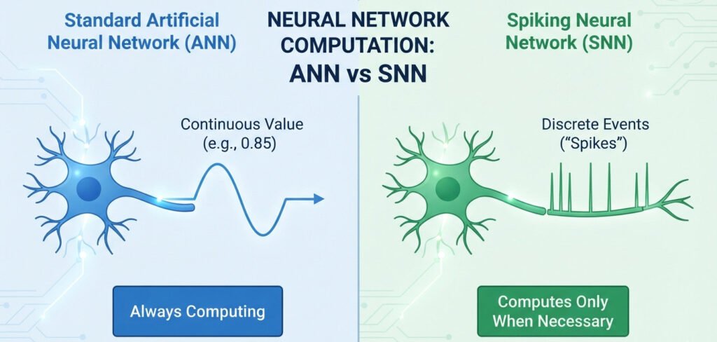 "A clean, two-panel infographic diagram contrasting a standard Artificial Neural Network (ANN) with a Spiking Neural Network (SNN). Left Panel ('Standard ANN'): Show a neuron with a smooth, continuous wave (like a sine wave) flowing out of it. Label the wave 'Continuous Value (e.g., 0.85)'. Add a text box: 'Always Computing'. Right Panel ('Spiking Neural Network - SNN'): Show a neuron with a series of sharp, discrete vertical lines (spikes) flowing out of it, with empty space in between. Label the spikes 'Discrete Events ("Spikes")'. Add a text box: 'Computes Only When Necessary'. The overall style should be modern, minimalist, and educational, with a clear color distinction between the two types. Widescreen aspect ratio."