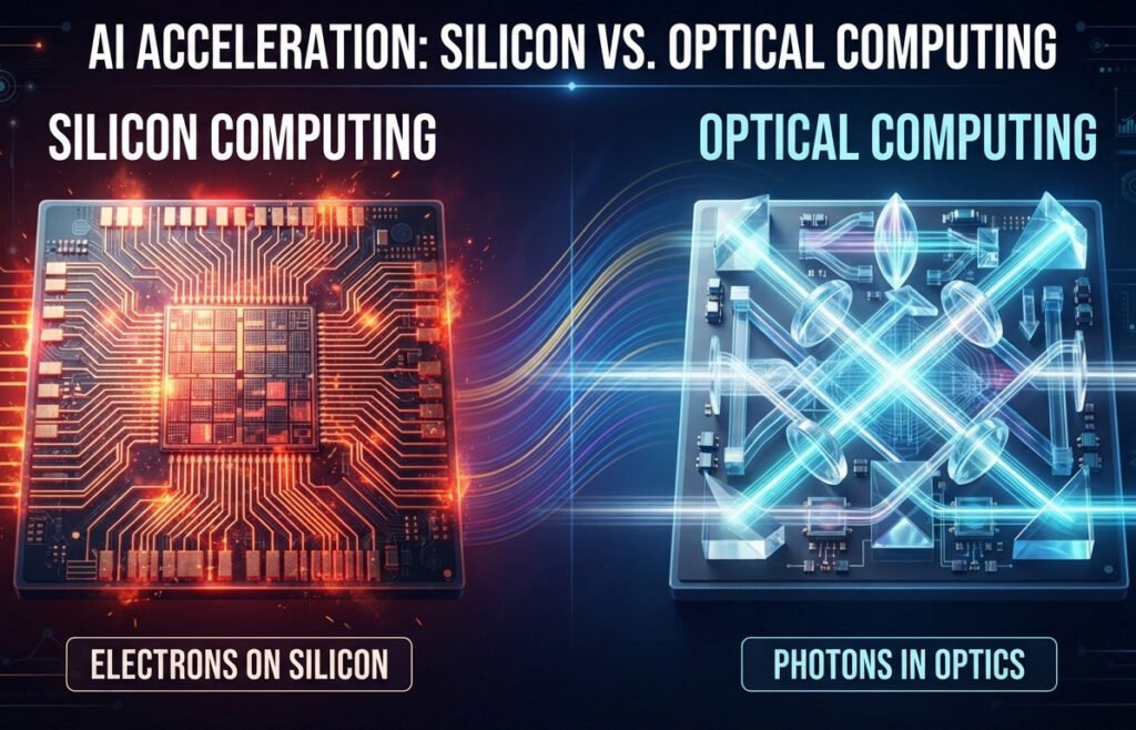 "A futuristic and conceptual infographic contrasting traditional silicon computing with optical computing for AI. Left Side ('Silicon Computing'): Show a standard silicon chip with glowing, rigid, grid-like electronic traces. The traces should look slightly hot or have a red/orange glow to suggest heat and resistance. Label this 'Electrons on Silicon'. Right Side ('Optical Computing'): Show a futuristic-looking optical chip. Instead of rigid traces, show beams of pure, cool-toned light (blues, whites, cyans) passing through a series of elegant, transparent lenses and prisms, intersecting and creating complex interference patterns. Label this 'Photons in Optics'. The overall style should be sleek, high-tech, and abstract, clearly contrasting the 'hot and rigid' feel of electronics with the 'cool and fluid' feel of optics. Widescreen aspect ratio."