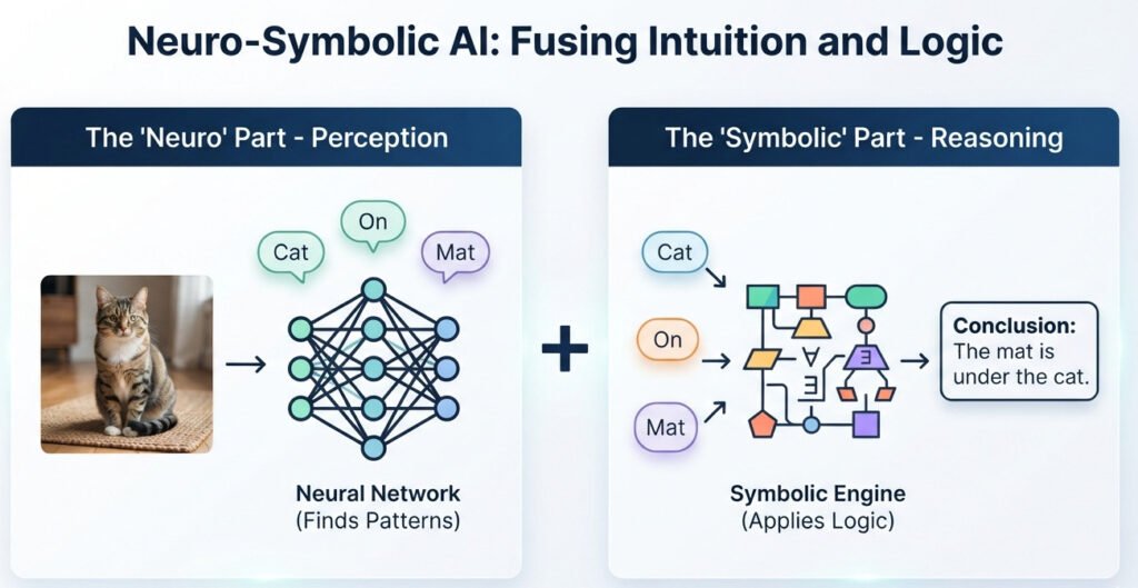 "A conceptual, two-panel infographic diagram illustrating Neuro-Symbolic AI. Left Panel ('The 'Neuro' Part - Perception'): Show a deep neural network icon (layers of nodes). An arrow points from a realistic image of a 'cat on a mat' into this network. The network outputs simple, bubble-like labels: 'Cat', 'On', 'Mat'. Label this panel 'Neural Network (Finds Patterns)'. Right Panel ('The 'Symbolic' Part - Reasoning'): Show the labels 'Cat', 'On', 'Mat' being fed into a different icon representing logic, like a flowchart or a structured graph with nodes and logical symbols (e.g., ∀, ∃). This logic engine outputs a new, deduced piece of information in a text box: 'Conclusion: The mat is under the cat.' Label this panel 'Symbolic Engine (Applies Logic)'. A large '+' symbol should be between the two panels, with the overall title 'Neuro-Symbolic AI: Fusing Intuition and Logic'. The style is modern, minimalist, and educational. Widescreen aspect ratio."