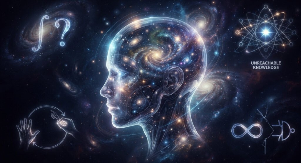 "A highly conceptual and philosophical piece of digital art representing the final frontier of AI. In the center, show a stylized, glowing, translucent robotic or humanoid head. Inside the head, instead of a simple circuit, show a complex, shimmering universe or nebula, representing consciousness and deep understanding. Floating around the head, include abstract, faint symbols representing the great unknowns: a mathematical integral symbol that dissolves into a question mark, a diagram of a neural network that has an 'unreachable' star at its center, and perhaps a subtle visual reference to Gödel's paradoxes like a drawing of a hand drawing itself. The overall mood should be one of awe, mystery, and profound scientific inquiry. Use a dark, cosmic background with elegant, glowing elements. Widescreen aspect ratio."