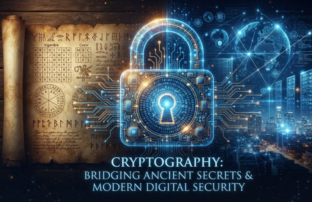 "Conceptual digital art for a blog post about cryptography. A large, intricate, old-fashioned padlock made of glowing digital circuits. Inside the keyhole, there's a glimpse of binary code or abstract mathematical formulas. In the background, contrast the image of an ancient scroll with historical ciphers against a modern, clean digital network. The overall theme is bridging ancient secrets with modern digital security. Sophisticated and intriguing. Widescreen."