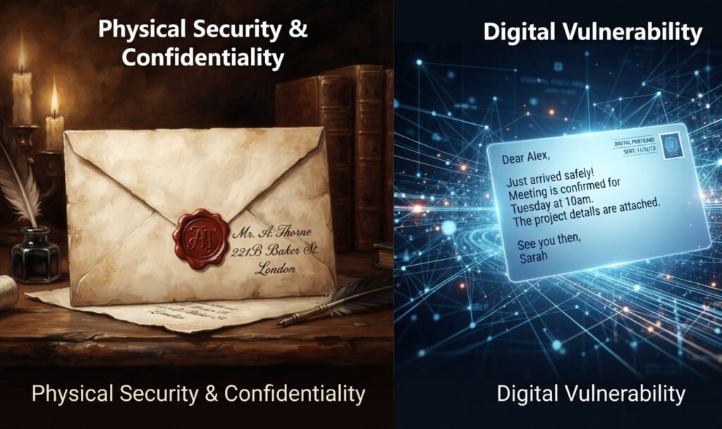 "Conceptual digital art, split-screen comparison. On the left, a detailed illustration of a vintage, wax-sealed envelope, representing physical security and confidentiality. On the right, a simple, clear image of a digital postcard with its text fully exposed, floating through a network of digital lines, representing the lack of digital privacy. The two sides are starkly contrasted in style, one antique and secure, the other modern and vulnerable. For a blog post explaining digital trust."