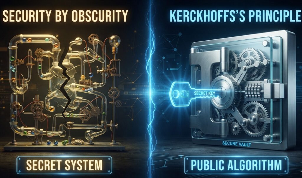 "Conceptual digital art, split-screen style. On the left, a fragile, overly complex Rube Goldberg machine made of glass, labeled 'Secret System,' with a crack running through it, representing security by obscurity. On the right, a robust, modern, transparent bank vault lock mechanism where all the inner workings are visible, labeled 'Public Algorithm,' being opened by a single, simple, glowing key labeled 'Secret Key,' representing Kerckhoffs's Principle. Contrast the fragility on the left with the strength and transparency on the right."