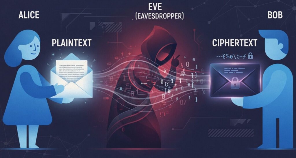 "Conceptual, stylized illustration of the cryptography characters. On the left, a figure representing Alice holds a glowing, unsealed letter (plaintext). In the center, a shadowy, hooded figure representing Eve the eavesdropper is listening intently, with lines of data passing through her. On the right, a figure representing Bob receives a glowing, securely sealed digital envelope (ciphertext). The style is minimalist and symbolic, using simple shapes and a limited color palette (e.g., blue for Alice/Bob, red/purple for Eve). For a blog post explaining cryptography roles."