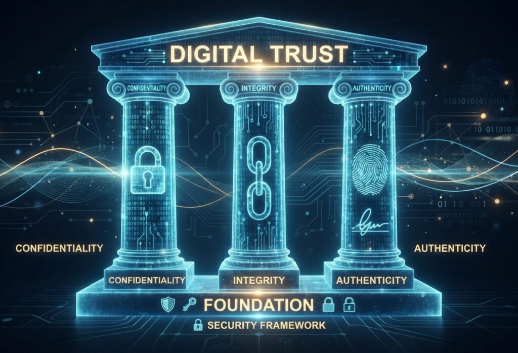 Conceptual digital art representing the three pillars of information security. Depict three strong, classical Greek-style columns made of glowing, translucent digital code. Label each column subtly. The first column, labeled 'Confidentiality,' has a padlock symbol on it. The second column, labeled 'Integrity,' has an unbroken chain or a tamper-evident seal symbol. The third column, labeled 'Authenticity,' has a fingerprint or a stylized signature symbol. The columns stand on a firm foundation, supporting a roof labeled 'Digital Trust.' The style is clean, symbolic, and professional. For a blog post explaining cybersecurity principles.