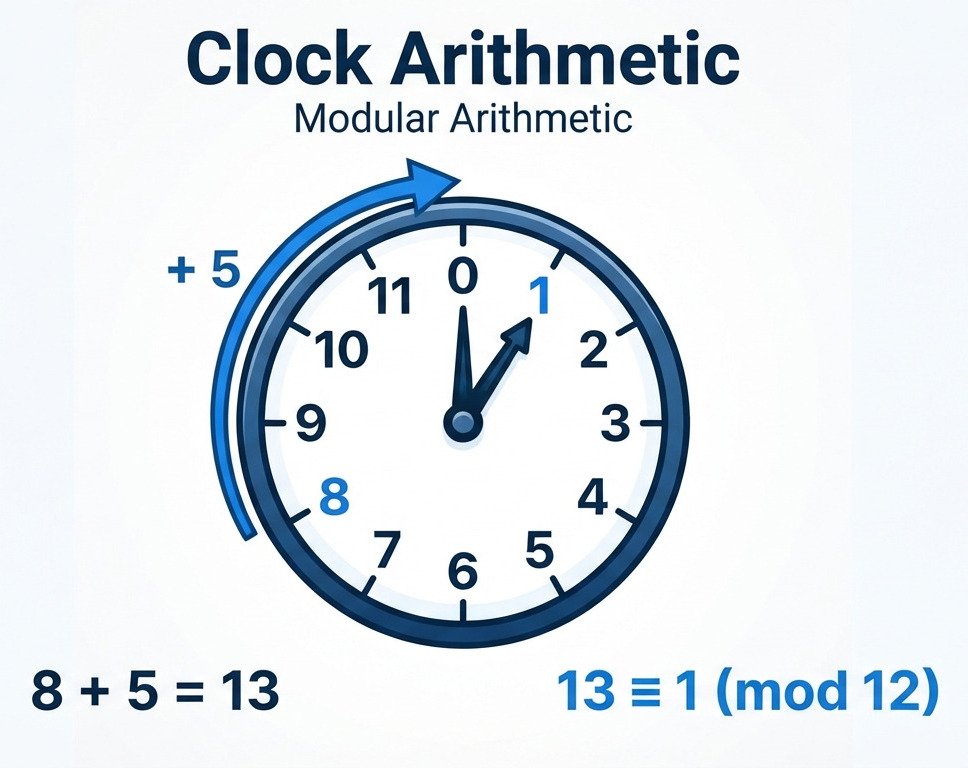 Educational diagram explaining 'Clock Arithmetic' (Modular Arithmetic). Show a large, clear clock face with hours 0 through 11. An arcing arrow starts at the number 8, moves forward 5 steps, wraps past the '11' and '0', and lands on the number 1. Label the arrow with '+ 5'. Text annotations say '8 + 5 = 13' and '13 ≡ 1 (mod 12)'. The style is clean, modern, and infographic-like, designed for easy understanding. White background.