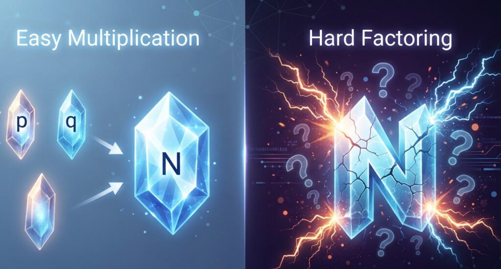 "Conceptual digital art, split-screen style, representing asymmetric difficulty. On the left side, two glowing, medium-sized crystalline shards labeled 'p' and 'q' are easily merging together with simple arrows, resulting in a much larger, complex, single crystal labeled 'N'. This side is labeled 'Easy Multiplication.' On the right side, the massive crystal 'N' is being struck by lightning bolts and cracking, but not breaking, with question marks floating around it, representing the immense difficulty of breaking it back into 'p' and 'q'. This side is labeled 'Hard Factoring.' The style is clean, symbolic, and modern, illustrating a core cryptography concept."