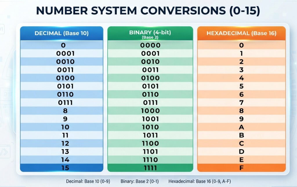 Clean and clear infographic chart showing number system conversions for numbers 0 to 15. The chart should have three columns: 'Decimal', 'Binary (4-bit)', and 'Hexadecimal'. Each row should show the corresponding values, for example, the row for 10 should show '10' in the decimal column, '1010' in the binary column, and 'A' in the hexadecimal column. Modern, educational design with clear, legible fonts. For a blog post explaining number systems.