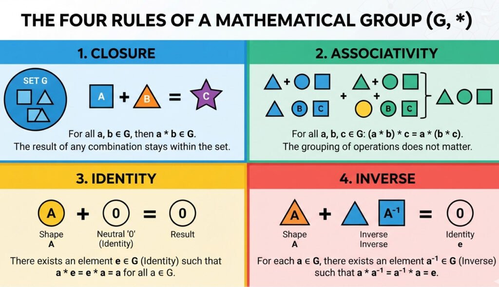 Clean, modern infographic explaining the four rules of a mathematical Group. Use four distinct quadrants. Quadrant 1 (Closure): two abstract shapes merging and forming a new shape that is still within a circle labeled 'Set'. Quadrant 2 (Associativity): show '(A+B)+C = A+(B+C)' with simple grouped shapes. Quadrant 3 (Identity): show shape 'A' plus a neutral '0' shape resulting in 'A' unchanged. Quadrant 4 (Inverse): show shape 'A' plus its opposite shape 'A⁻¹' resulting in the neutral '0' shape. Use a simple color palette and clear, minimal icons. For an educational blog about abstract algebra and cryptography.