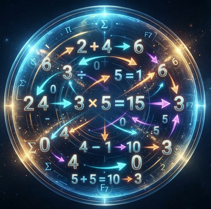 "Conceptual digital art representing a Finite Field. Depict a glowing, self-contained sphere or universe. Inside the sphere, numbers (e.g., 0 through 6) are floating. Mathematical operation symbols (+, -, ×, ÷) are also orbiting inside the sphere, interacting with the numbers. Arrows showing operations start with two numbers inside the sphere and always end on another number inside the sphere, illustrating the concept of closure. The style is abstract, scientific, and clean, with a dark background to make the sphere pop. For a blog post explaining abstract algebra in cryptography."