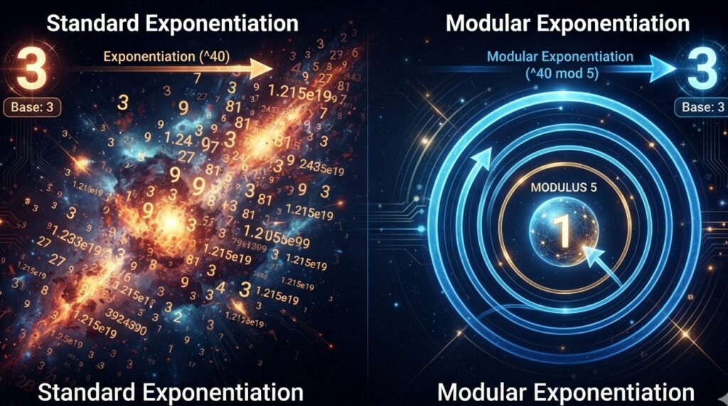 "Conceptual digital art illustrating modular exponentiation. On the left side, show the number '3' with an arrow labeled 'Exponentiation (^40)' leading to a massive, chaotic, exploding nebula of digits, representing uncontrolled growth. On the right side, show the same number '3' with an arrow labeled 'Modular Exponentiation (^40 mod 5)' that coils and wraps around a small, stable, glowing sphere (representing the modulus 5), with the final arrow pointing to a single, clear number '1' within the sphere. The art should contrast the 'chaotic explosion' of normal exponents with the 'controlled, cyclical path' of modular exponentiation. For a blog post on cryptography."