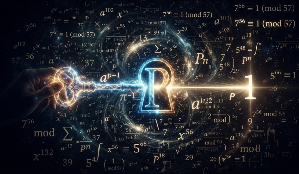 "Conceptual digital art representing Fermat's Little Theorem. Depict a complex, chaotic tangle of exponential calculations and numbers. A single, clean, glowing keyhole in the shape of a prime number 'p' is in the center. A key labeled 'a^(p-1)' is being inserted, and a bright, simple beam of light emerges from the other side, landing on the number '1'. The image should convey the idea of a complex problem having a surprisingly simple, elegant solution or shortcut. For a blog post on number theory and cryptography."