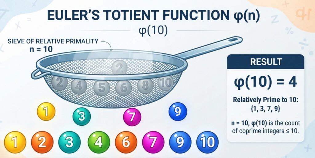 "Conceptual infographic art representing Euler's Totient Function for n=10. Show the numbers 1 through 10 arranged in a line. A stylized, semi-transparent 'sieve' or filter is passing over them. The numbers that share factors with 10 (2, 4, 5, 6, 8, 10) are being caught by the sieve and grayed out or made to look faded. The numbers that are relatively prime to 10 (1, 3, 7, 9) pass through the sieve and are brightly lit or colored. A text box at the end says 'φ(10) = 4'. The style is clean, symbolic, and educational, for a blog post on number theory."