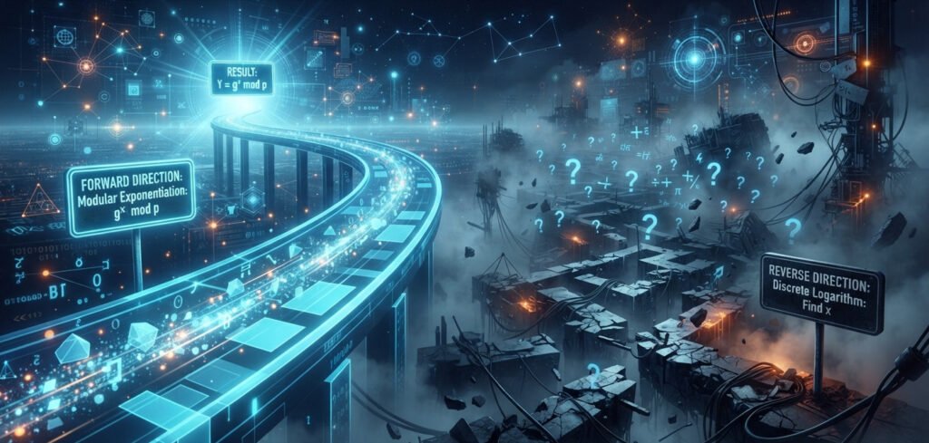 "Conceptual digital art illustrating the Discrete Logarithm Problem. Depict a 'one-way' street in a digital, abstract world. The forward direction, labeled 'Modular Exponentiation: g^x mod p', is a smooth, bright, easy-to-travel road. The reverse direction, labeled 'Discrete Logarithm: Find x', is a broken, impossibly complex, and tangled maze shrouded in fog, with question marks floating in it. The art should visually contrast the ease of going one way with the extreme difficulty of going back. For a blog post on cryptography."