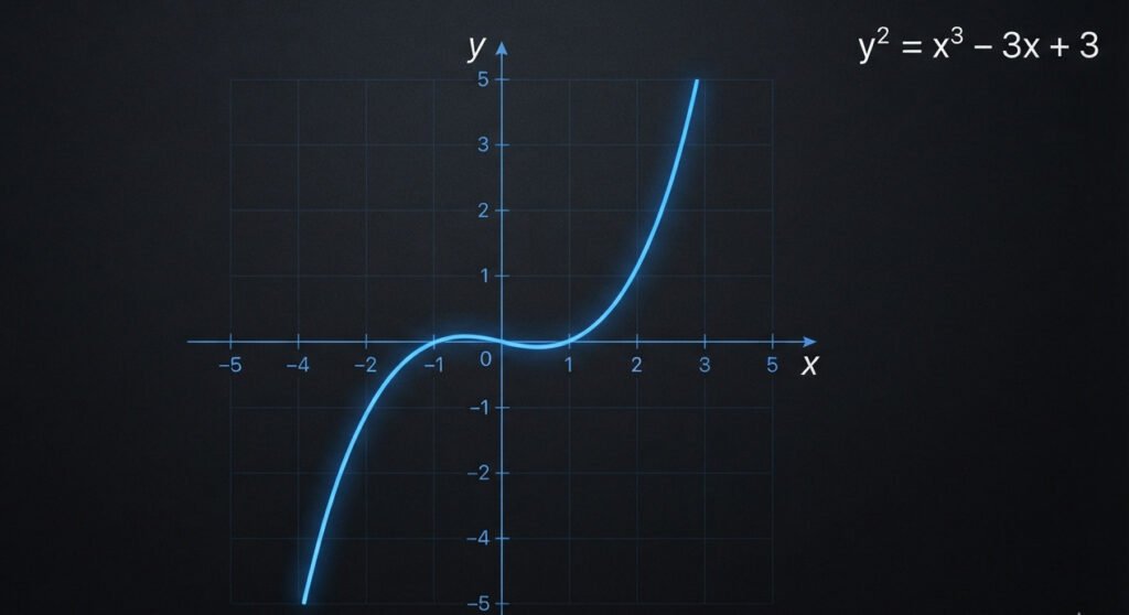 Clean, minimalist mathematical graph on a dark background. Plot a single, continuous, glowing blue line representing the elliptic curve y^2 = x^3 - 3x + 3. The line should be smooth and perfectly symmetrical across the x-axis. Label the axes 'x' and 'y'. Educational, scientific visualization.