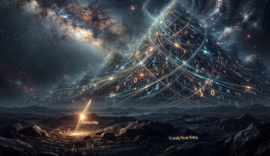 Conceptual digital art illustrating a vast cryptographic keyspace. In the foreground, a single, tiny, glowing needle representing a 'Correct Key' sits on the ground. The background is a colossal, astronomically large haystack that stretches up into a swirling, star-filled galaxy, representing the 2^128 possibilities. The scale difference should be extreme and dramatic, conveying a sense of impossibility. The text 'Find the Key' could be subtly visible. For a blog post on probability in cryptography.