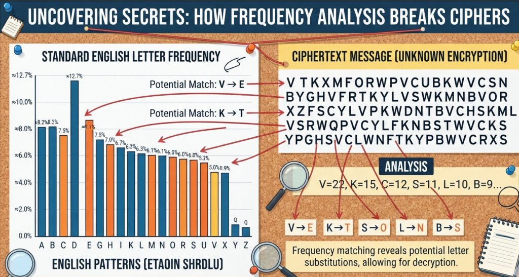 Educational infographic explaining frequency analysis in cryptography. On the left, a bar chart labeled 'Standard English Frequency' shows the relative frequencies of letters, with the bar for 'E' being the tallest, followed by 'T', 'A', etc. On the right, a block of jumbled ciphertext is shown. Arrows point from the most frequent letters in the ciphertext (e.g., 'V') to the most frequent letters on the English chart ('E'), suggesting a potential match. The style is clean, modern, and easy to understand, like a detective's evidence board. For a blog post on cryptanalysis.