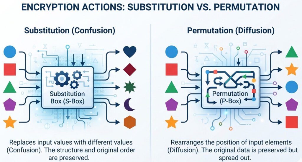 Clean, modern infographic diagram in a split-screen style, explaining encryption actions. On the left side, labeled 'Substitution (Confusion),' show a set of distinct icons (e.g., circle, square, triangle) entering a box and emerging as different icons (e.g., star, heart, diamond). The order is preserved. On the right side, labeled 'Permutation (Diffusion),' show the same initial icons (circle, square, triangle) entering a box and emerging as the same icons but in a shuffled order. The style is symbolic, abstract, and educational, using a clear color palette. For a blog post on cryptography fundamentals.