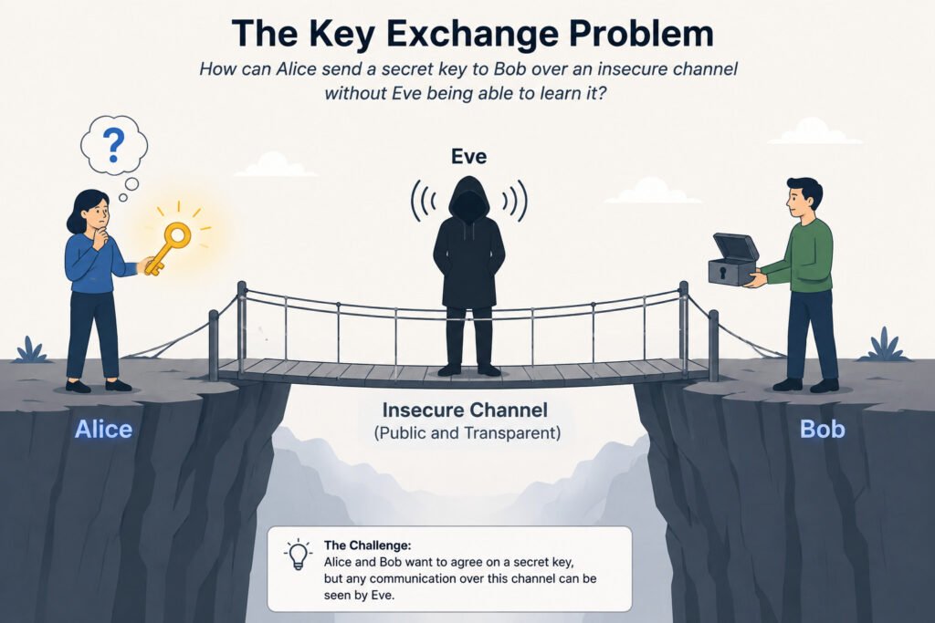 "Conceptual, symbolic illustration of the key exchange problem. Show two figures, Alice and Bob, on opposite sides of a chasm. They are connected by a public, transparent bridge labeled 'Insecure Channel,' on which a shadowy figure, Eve, is standing and listening. Alice is holding a glowing key, and has a question mark over her head, looking for a way to get the key to Bob without Eve seeing it. Bob is on the other side, holding an open, unlocked box. The art style is minimalist and clear, for a blog post explaining a core cryptographic challenge."