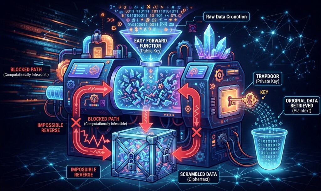 Conceptual digital art illustrating a 'trapdoor one-way function.' Depict a large, complex, abstract data processing machine. Data flows easily into the machine from the top through a wide funnel, labeled 'Easy Forward Function (Public Key).' The data emerges at the bottom, scrambled and inside a locked, transparent cube. On the side of the machine, there's a small, hidden hatch or door labeled 'Trapdoor (Private Key)' from which the original, unscrambled data can be easily retrieved with a glowing key. The main reverse path is shown as blocked or impossible. For a blog post on public-key cryptography.