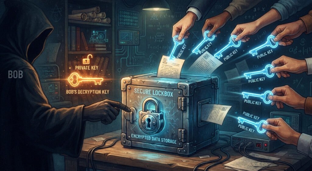 Conceptual digital art illustrating public-key cryptography with a special lockbox. A metal lockbox sits on a table. Many hands are reaching towards the lockbox, each holding a copy of a glowing 'Public Key' that they are using to 'lock' a document and drop it into the box. However, only one hand, belonging to a shadowy figure labeled 'Bob', is holding a glowing 'Private Key' that can unlock the box and retrieve a document. The scene should be well-lit and evocative of secrecy. For a blog post explaining public-key cryptography.