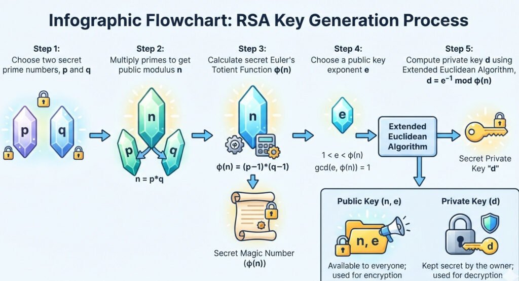 Clean infographic flowchart explaining the RSA key generation process. Show 5 sequential steps. Step 1: Two secret, glowing prime crystals 'p' and 'q'. Step 2: The crystals merge to form a larger, public crystal 'n = p*q'. Step 3: A calculation φ(n) = (p-1)*(q-1) is shown, resulting in a secret 'magic number'. Step 4: A public key 'e' is chosen. Step 5: The secret magic number and 'e' are fed into a box labeled 'Extended Euclidean Algorithm,' which outputs a secret key 'd'. The final output shows a 'Public Key (n, e)' and a 'Private Key (d)'. Use clear icons and a modern educational style.